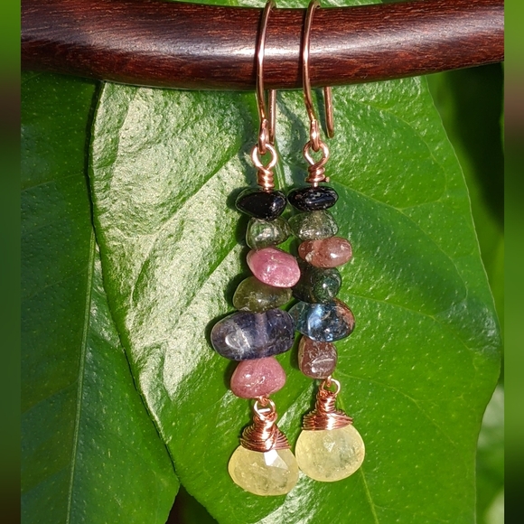 Rainbow Tourmaline Gemstone Earrings Artisan Copper Wire Wrap Design - Picture 5 of 14